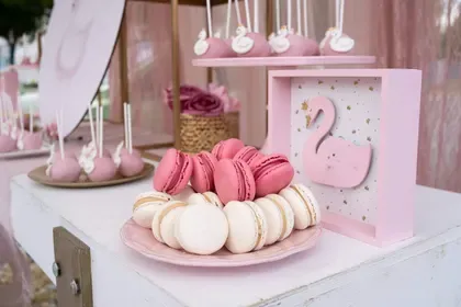 Close-up of pastel pink macarons and cake pops on a soft dessert stand.