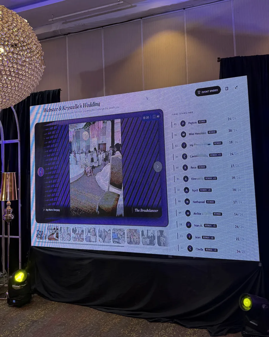 A large LED wall at a wedding reception shows the final Piccello standings, with guests ranked by how many tiles they completed.